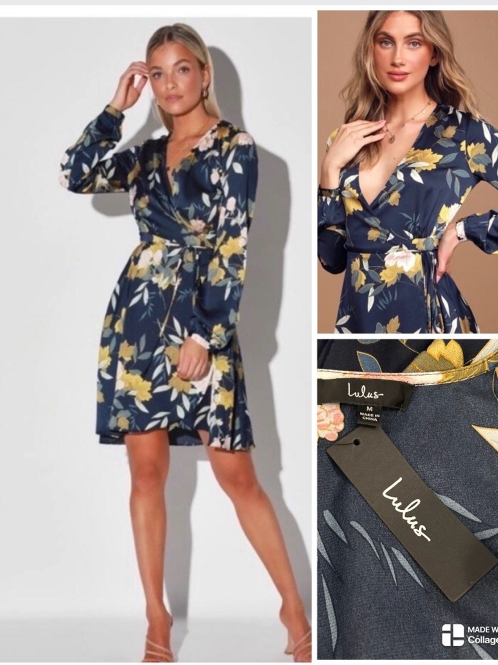 Lulus NWT Love is Life Navy Blue Floral Print Satin Wrap Dress